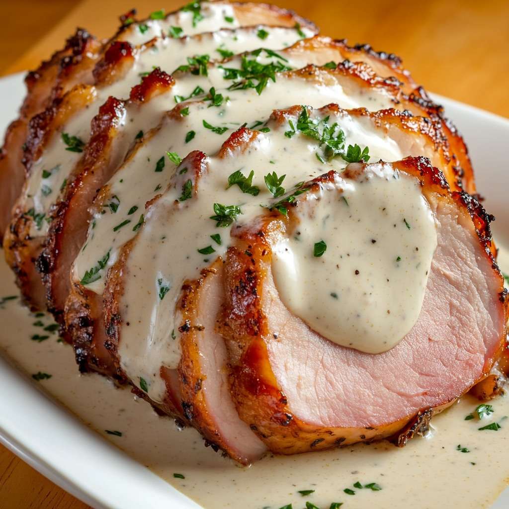 Jambon de porc rôti au four nappé de sauce crémeuse à la moutarde et persil frais