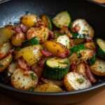 Poêlée de pommes de terre, courgettes et lardons grillés servie chaude dans une poêle en fonte