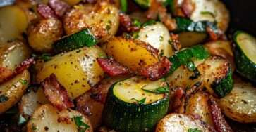 Poêlée de pommes de terre, courgettes et lardons grillés servie chaude dans une poêle en fonte