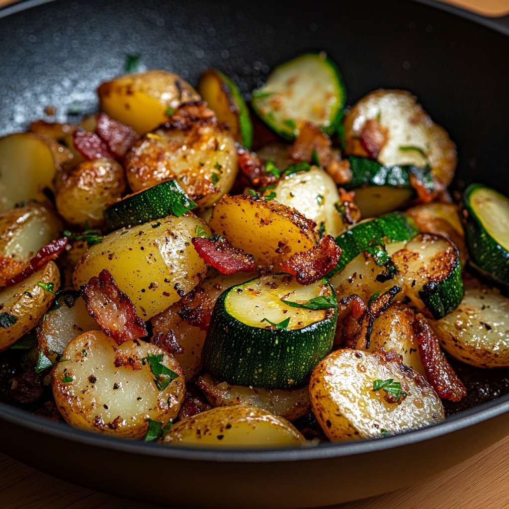 Poêlée de pommes de terre, courgettes et lardons grillés servie chaude dans une poêle en fonte