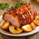 Jambon de porc rôti au miel entouré de pommes fondantes et nappé de sauce caramélisée