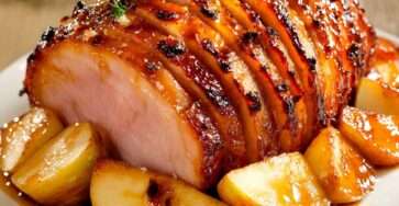 Jambon de porc rôti au miel entouré de pommes fondantes et nappé de sauce caramélisée