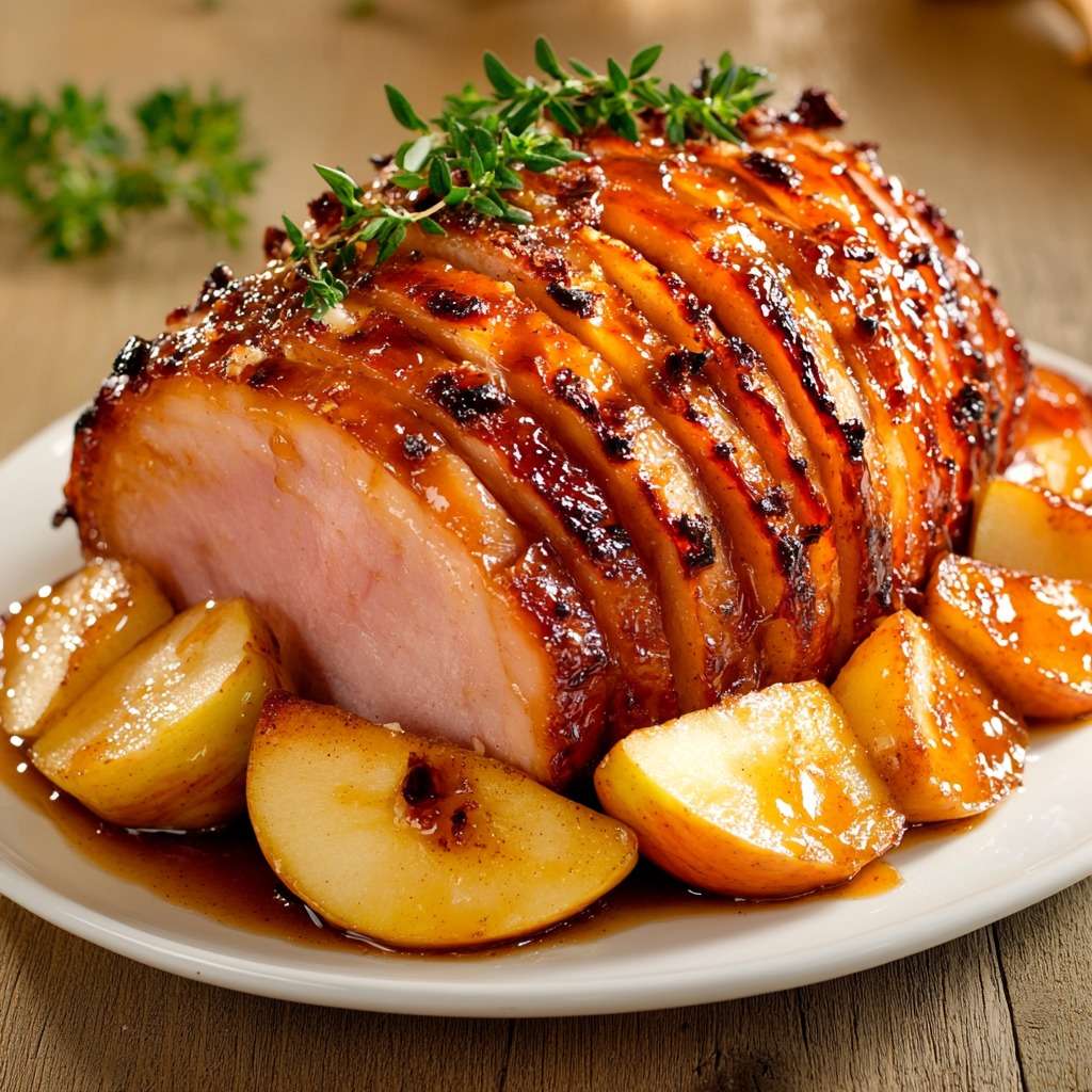 Jambon de porc rôti au miel entouré de pommes fondantes et nappé de sauce caramélisée