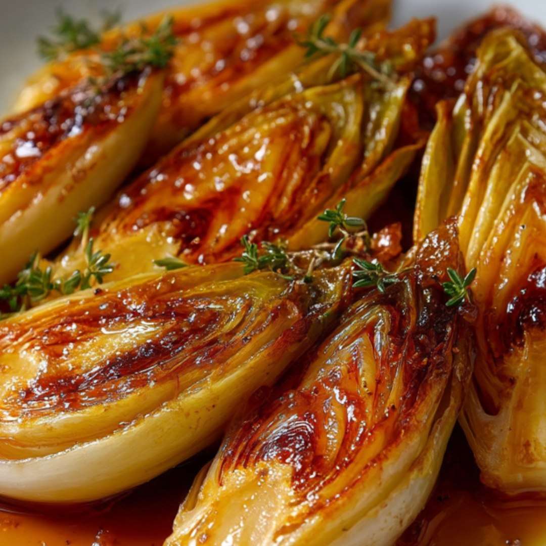 Endives caramélisées au beurre et au miel servies chaudes dans un plat