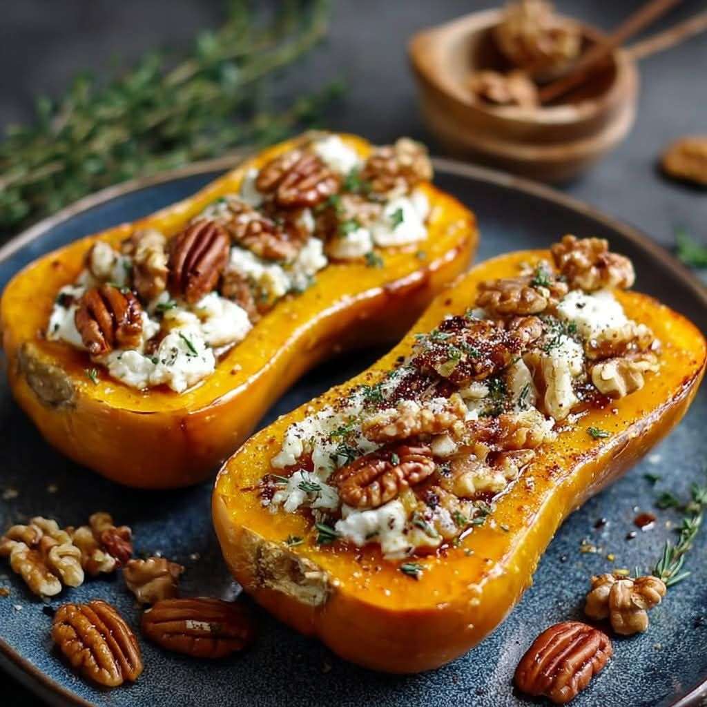 Courges butternut farcies au chèvre, noix et miel dorées au four, garnies de fromage fondant et de noix grillées