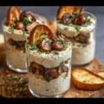 Verrines de tiramisu salé aux champignons, crème au parmesan, noisettes torréfiées et herbes fraîches, servies avec gressins feuilletés croustillants.
