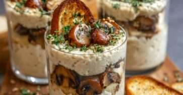 Verrines de tiramisu salé aux champignons, crème au parmesan, noisettes torréfiées et herbes fraîches, servies avec gressins feuilletés croustillants.
