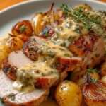 Filet mignon de porc rôti à la moutarde ancienne, nappé de sauce crémeuse aux oignons fondants, servi avec pommes de terre et herbes fraîches.