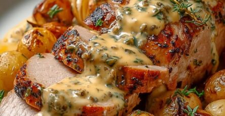 Filet mignon de porc rôti à la moutarde ancienne, nappé de sauce crémeuse aux oignons fondants, servi avec pommes de terre et herbes fraîches.