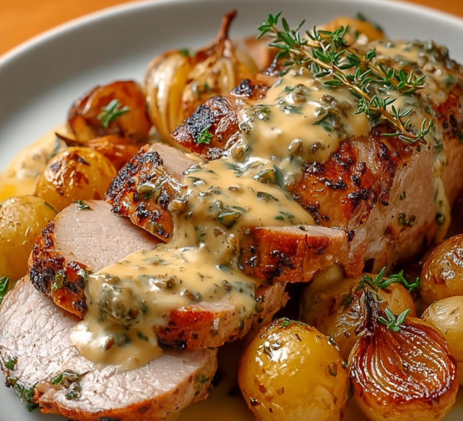 Filet mignon de porc rôti à la moutarde ancienne, nappé de sauce crémeuse aux oignons fondants, servi avec pommes de terre et herbes fraîches.