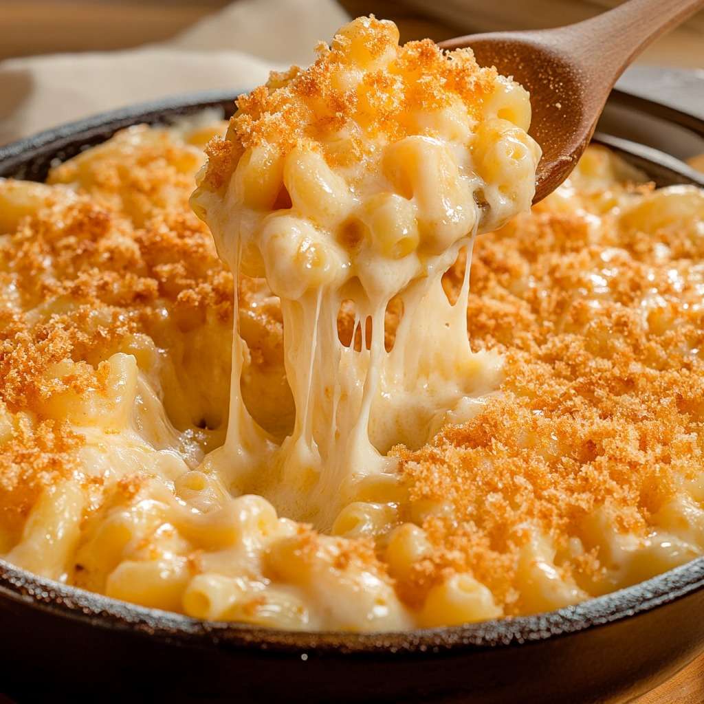 Plat de Mac & Cheese gratiné, doré au four, avec des macaronis enrobés d’une sauce crémeuse au cheddar et recouverts d’une croûte croustillante de chapelure et de parmesan.