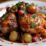 Plat de coq au vin traditionnel servi dans une cocotte en fonte, avec sauce au vin rouge, oignons grelots, champignons et carottes, décoré de persil frais.