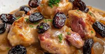 Lapin mijoté en sauce au vin blanc avec pruneaux fondants et persil frais, servi avec pommes de terre vapeur.