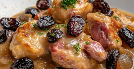 Lapin mijoté en sauce au vin blanc avec pruneaux fondants et persil frais, servi avec pommes de terre vapeur.