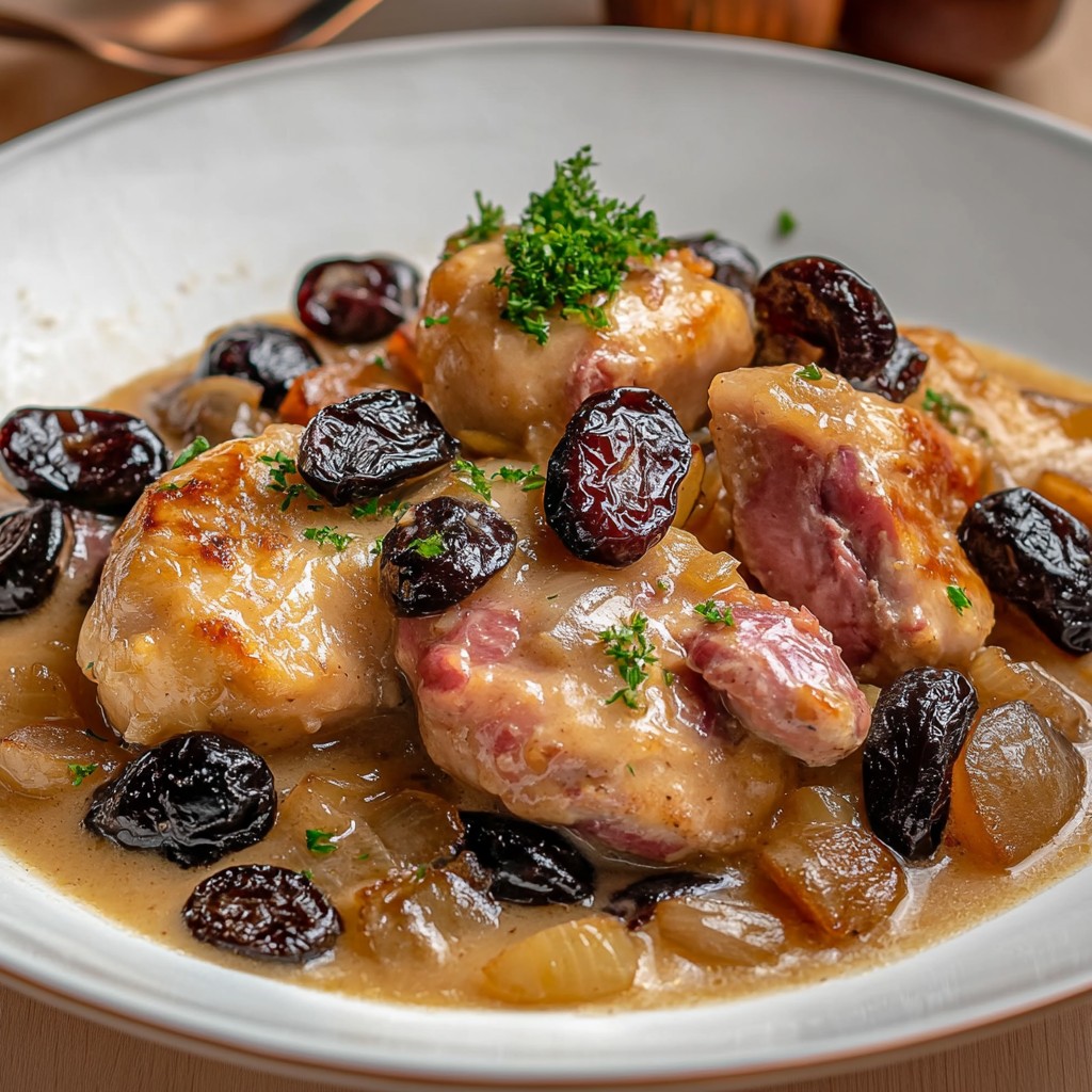 Lapin mijoté en sauce au vin blanc avec pruneaux fondants et persil frais, servi avec pommes de terre vapeur.