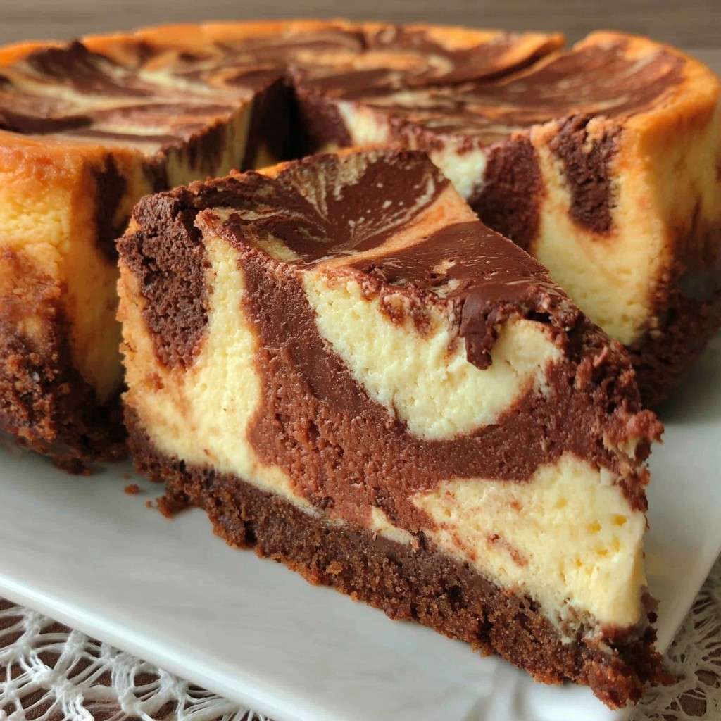 Cheesecake marbré chocolat et vanille avec base biscuitée au chocolat, marbrures élégantes et texture fondante