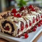 Gâteau roulé Forêt-Noire au chocolat et cerises, décoré de chantilly, copeaux de chocolat noir et cerises fraîches, présenté sur un plat gourmand.