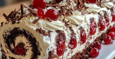 Gâteau roulé Forêt-Noire au chocolat et cerises, décoré de chantilly, copeaux de chocolat noir et cerises fraîches, présenté sur un plat gourmand.