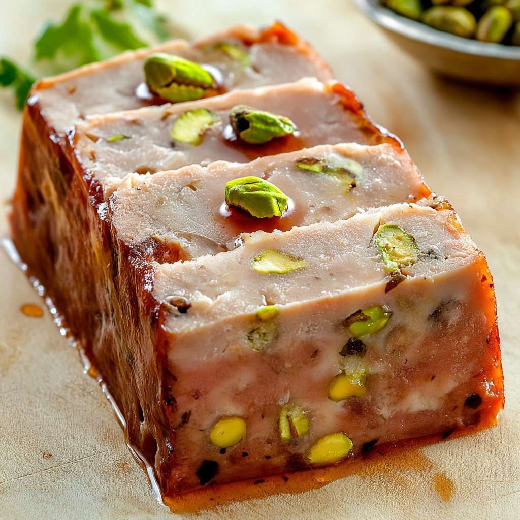 Terrine de lapin aux pistaches tranchée et servie froide avec pain de campagne et salade verte