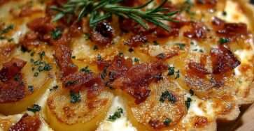 Tarte aux pommes de terre, camembert et lardons dorée au four
