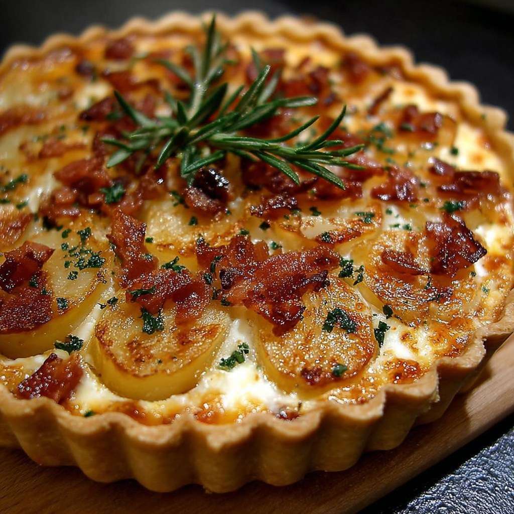 Tarte aux pommes de terre, camembert et lardons dorée au four