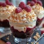 Verrines framboise mascarpone avec éclats de meringue, dessert frais et coloré, alternant couches de crème blanche et coulis rouge vif.