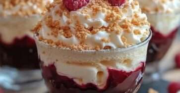 Verrines framboise mascarpone avec éclats de meringue, dessert frais et coloré, alternant couches de crème blanche et coulis rouge vif.