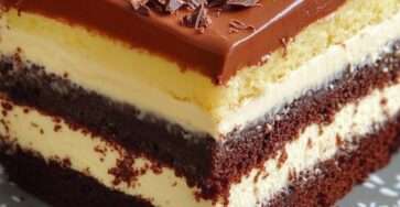 Gâteau au chocolat double crème sur assiette, alternant génoises nature et chocolat, nappé de ganache brillante et décoré de copeaux de chocolat noir et blanc.