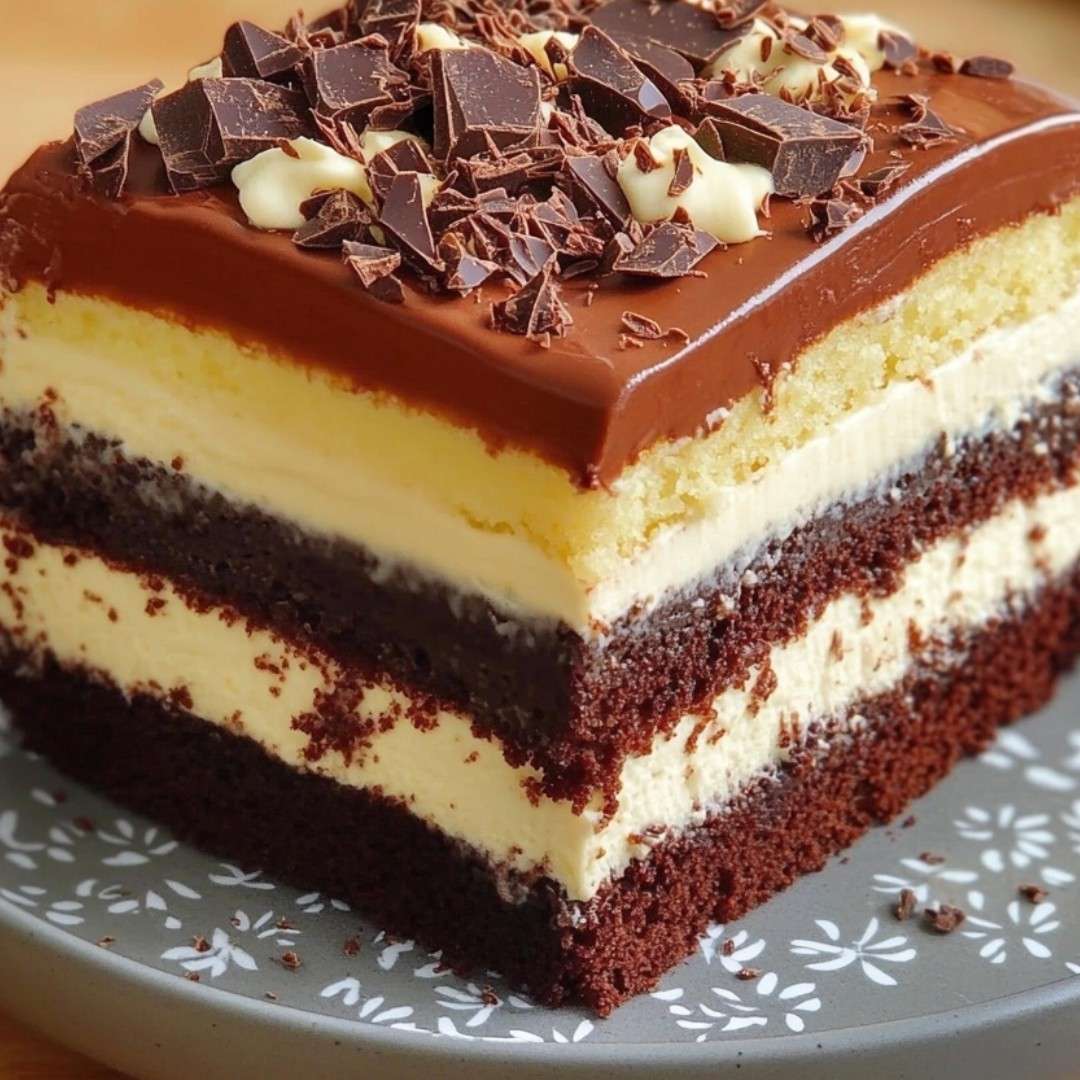 Gâteau au chocolat double crème sur assiette, alternant génoises nature et chocolat, nappé de ganache brillante et décoré de copeaux de chocolat noir et blanc.