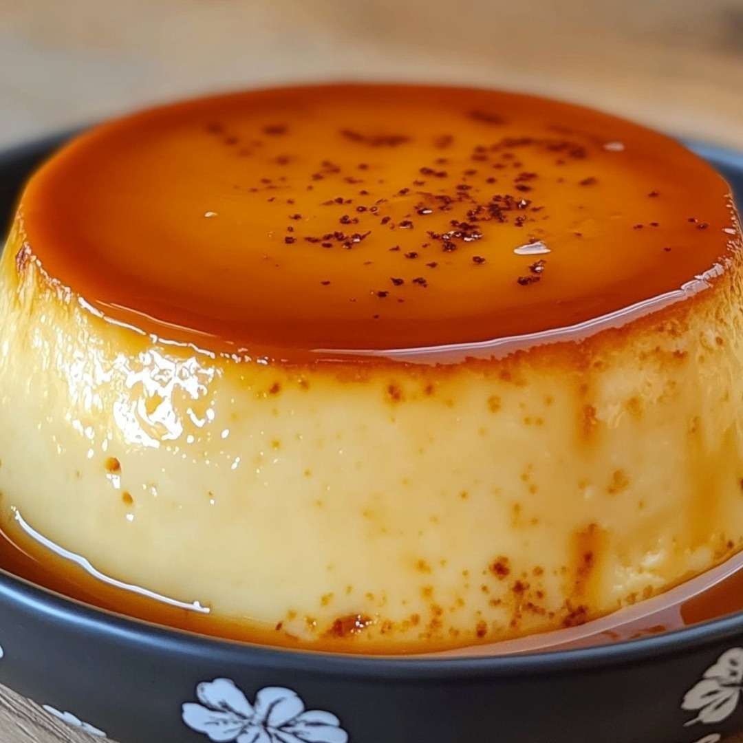 Crème caramel maison démoulée sur une assiette, nappée d’un caramel doré et brillante, servie fraîche avec texture fondante et surface lisse.