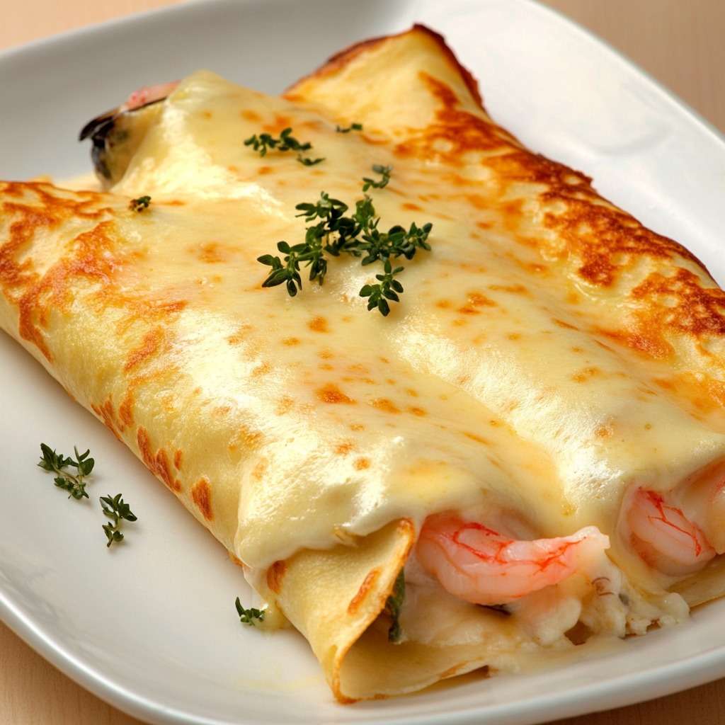 Plat de crêpes gratinées aux crevettes, moules et calamars, nappées de béchamel et gratinées au fromage doré, servies avec du persil frais dans un plat à gratin chaud.