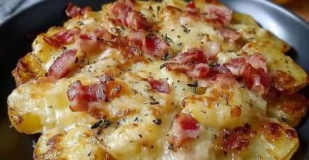 Poêlée de pommes de terre dorées au lard fumé croustillant, oignons caramélisés et persil frais dans une poêle en fonte fumante.