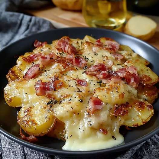 Poêlée de pommes de terre dorées au lard fumé croustillant, oignons caramélisés et persil frais dans une poêle en fonte fumante.