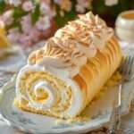 Gâteau roulé au citron et meringue dorée, garni de lemon curd brillant, tranché sur une assiette avec zeste de citron et décor de meringue italienne.