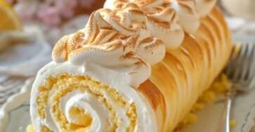 Gâteau roulé au citron et meringue dorée, garni de lemon curd brillant, tranché sur une assiette avec zeste de citron et décor de meringue italienne.