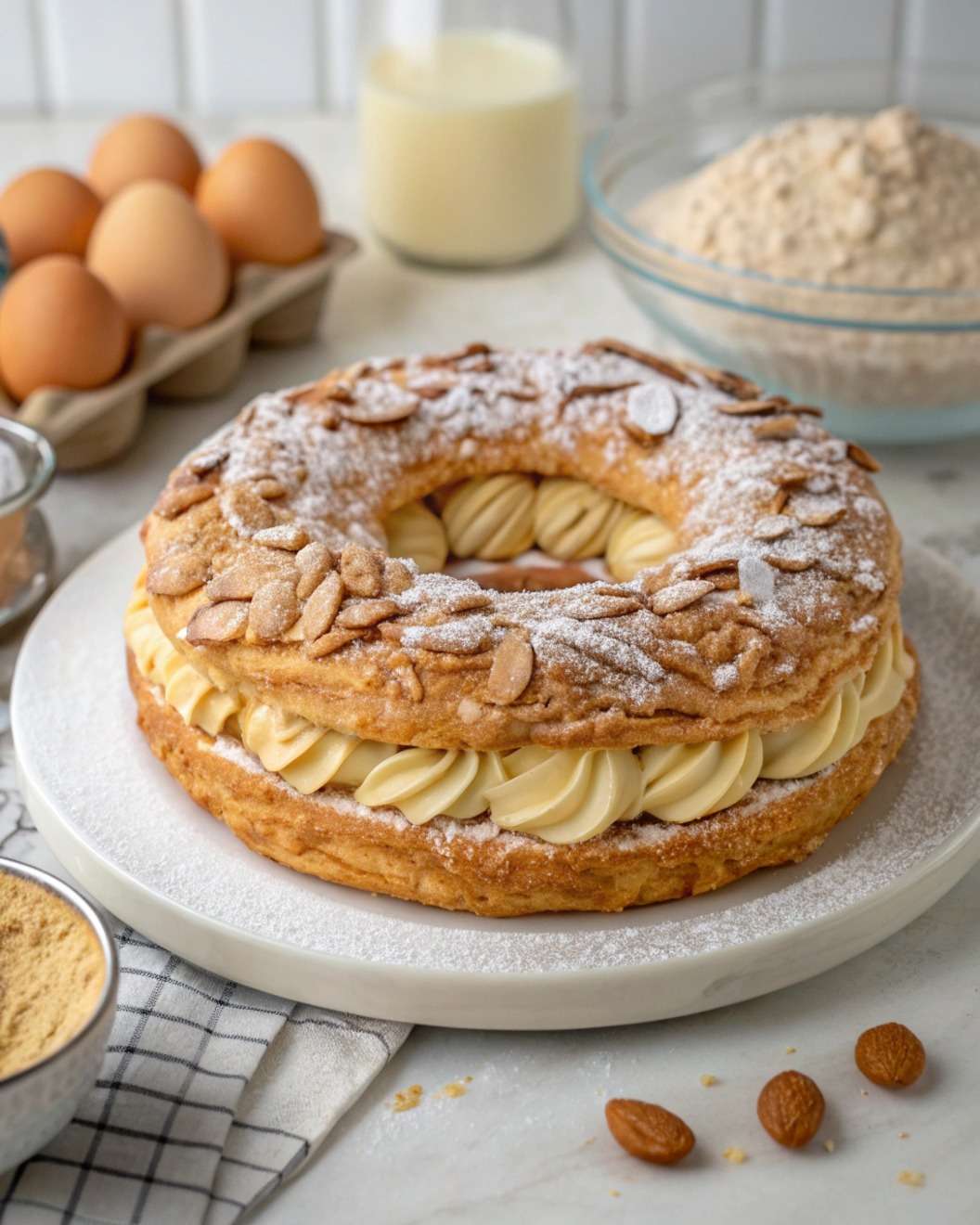 Paris-Brest classique à la praline – couronne de pâte à choux dorée garnie d’une crème pralinée onctueuse, décorée d’amandes effilées et de sucre glace, servie sur un plat blanc élégant.