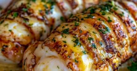 Queues de homard grillées au beurre à l’ail et citron, servies avec persil frais et quartiers de citron sur une assiette blanche élégante.