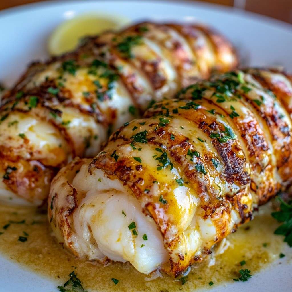 Queues de homard grillées au beurre à l’ail et citron, servies avec persil frais et quartiers de citron sur une assiette blanche élégante.