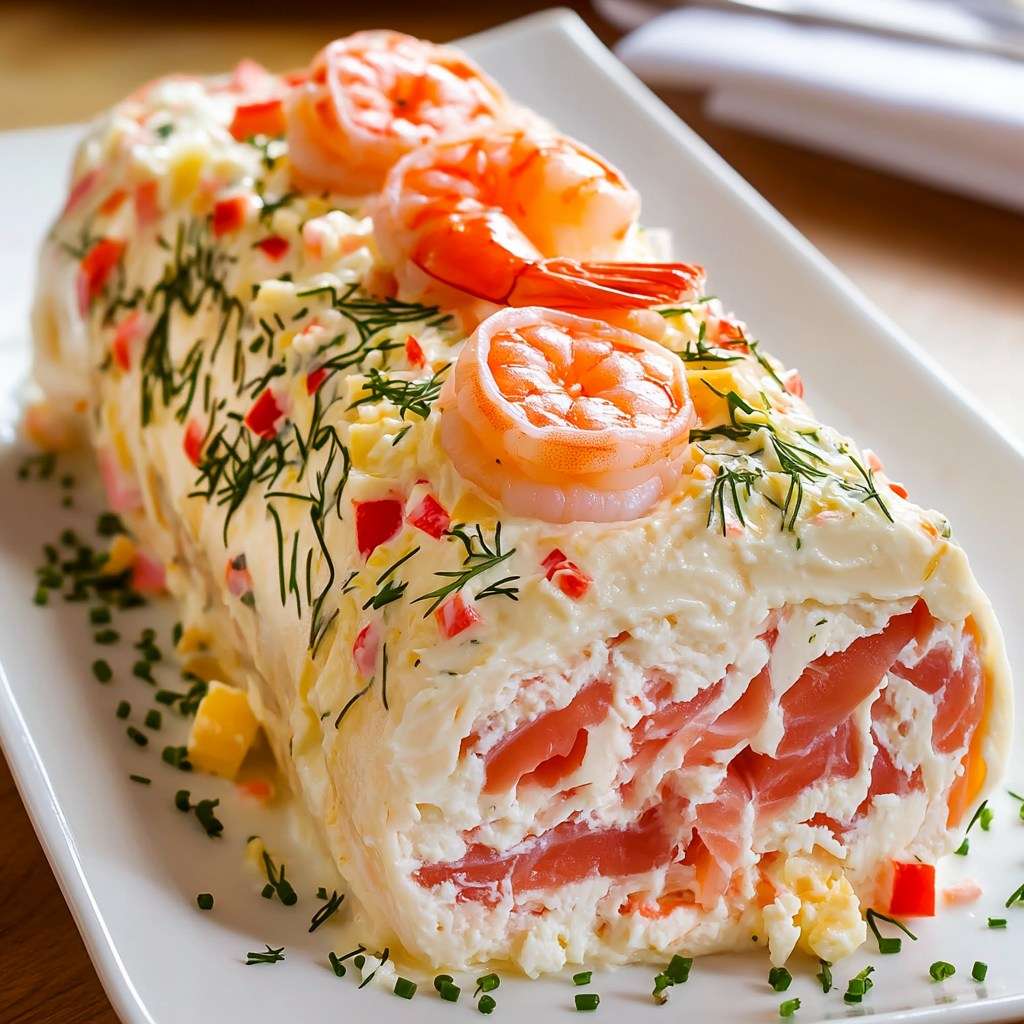 Bûche aux Saint-Jacques et saumon fumé roulée, garnie de fromage frais et d’herbes, décorée de crevettes et zestes de citron.