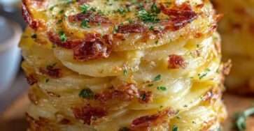 Piles de pommes de terre croustillantes dorées au four, superposées dans un moule à muffins, garnies d’herbes et de parmesan, servies chaudes sur une assiette rustique.