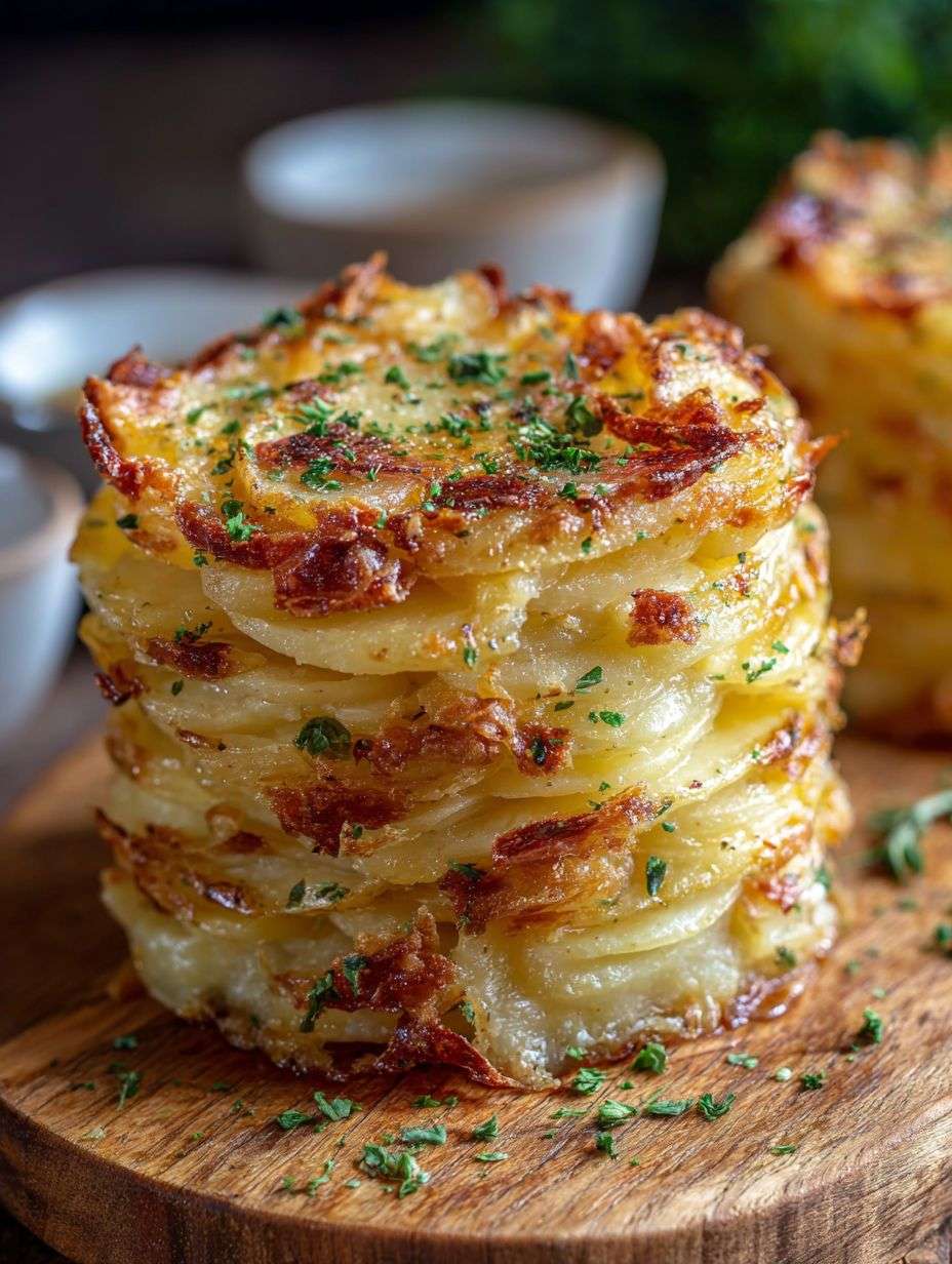 Piles de pommes de terre croustillantes dorées au four, superposées dans un moule à muffins, garnies d’herbes et de parmesan, servies chaudes sur une assiette rustique.