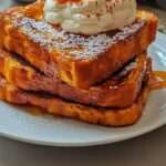 Tranches de pain perdu dorées nappées de sirop d’érable, servies avec crème fouettée et épices de citrouille sur une assiette d’automne.