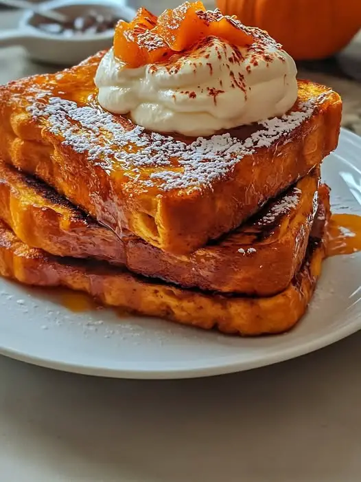 Tranches de pain perdu dorées nappées de sirop d’érable, servies avec crème fouettée et épices de citrouille sur une assiette d’automne.