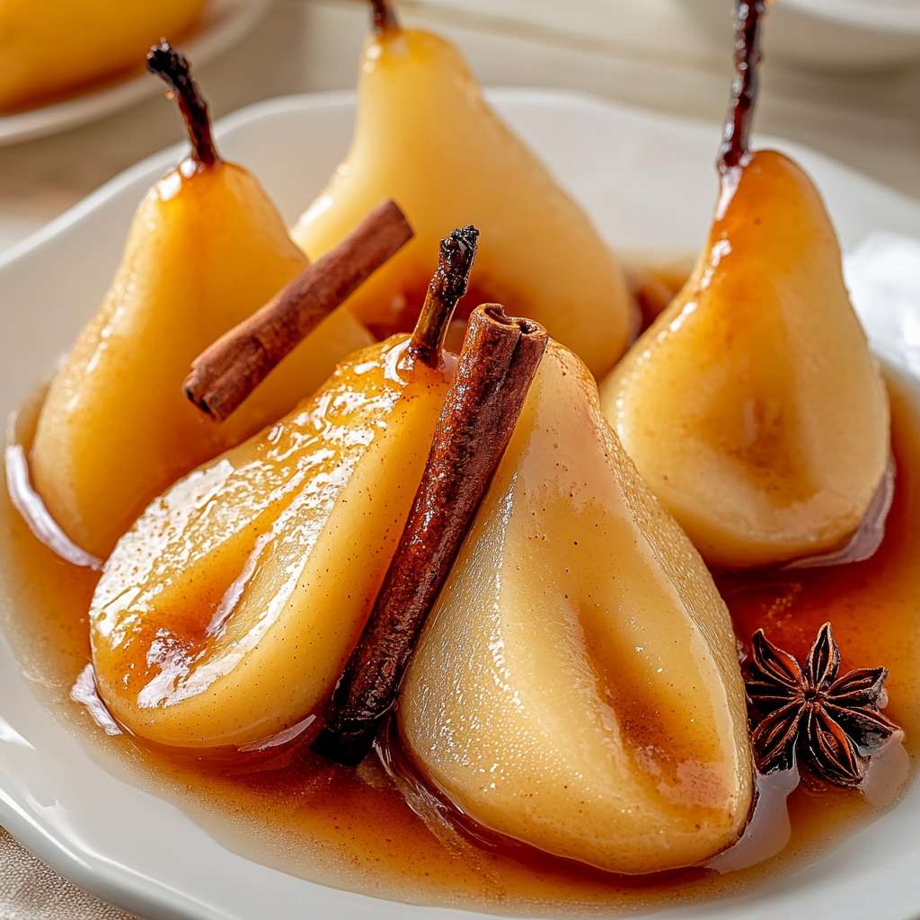 poires pochées au miel et à la cannelle servies chaudes avec leur sirop doré, décorées d’un bâton de cannelle et d’une étoile de badiane.