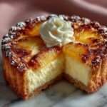 Cheesecake à l’ananas sans cuisson, décoré de tranches d’ananas frais et de crème fouettée sur un fond de biscuits dorés.