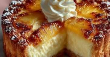 Cheesecake à l’ananas sans cuisson, décoré de tranches d’ananas frais et de crème fouettée sur un fond de biscuits dorés.