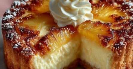 Cheesecake à l’ananas sans cuisson, décoré de tranches d’ananas frais et de crème fouettée sur un fond de biscuits dorés.