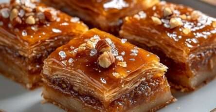 Baklava aux noisettes dorée au four, coupée en losanges, nappée de miel et décorée de noisettes entières.