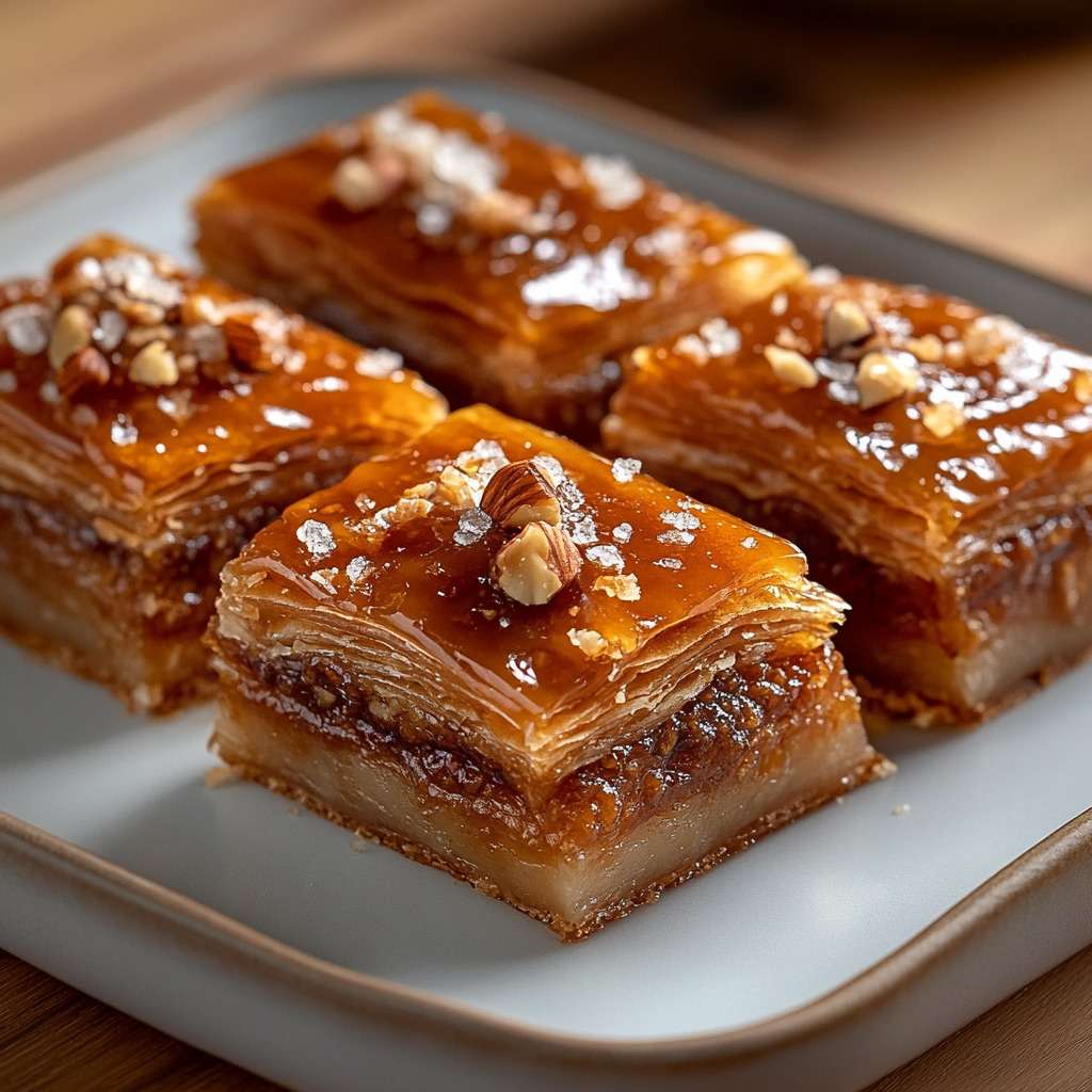 Baklava aux noisettes dorée au four, coupée en losanges, nappée de miel et décorée de noisettes entières.