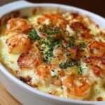 Gratin de crevettes crémeux au fromage, doré et bouillonnant, garni de persil frais dans un plat de cuisson.